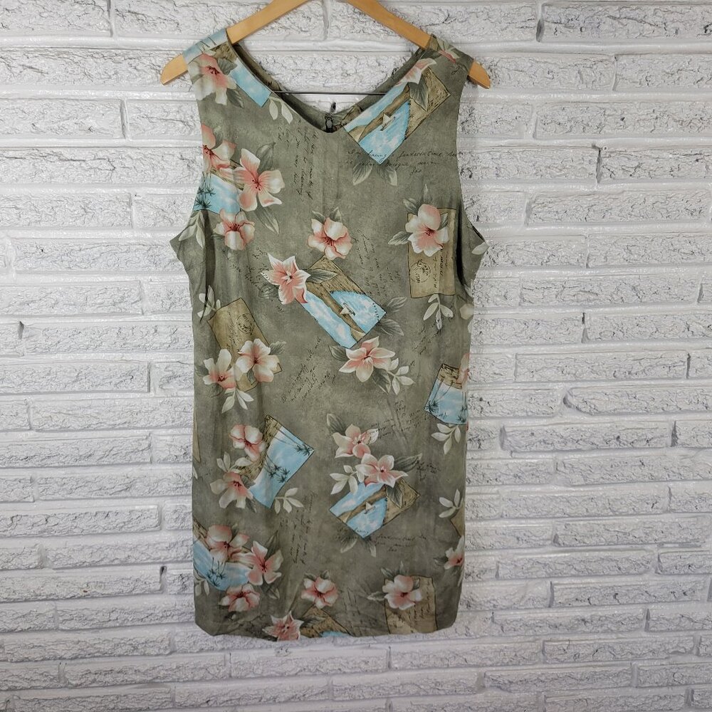 Caribbean Joe Women's XL Green Pink Floral V-Neck Sleeveless Shift Dress FLO30XE